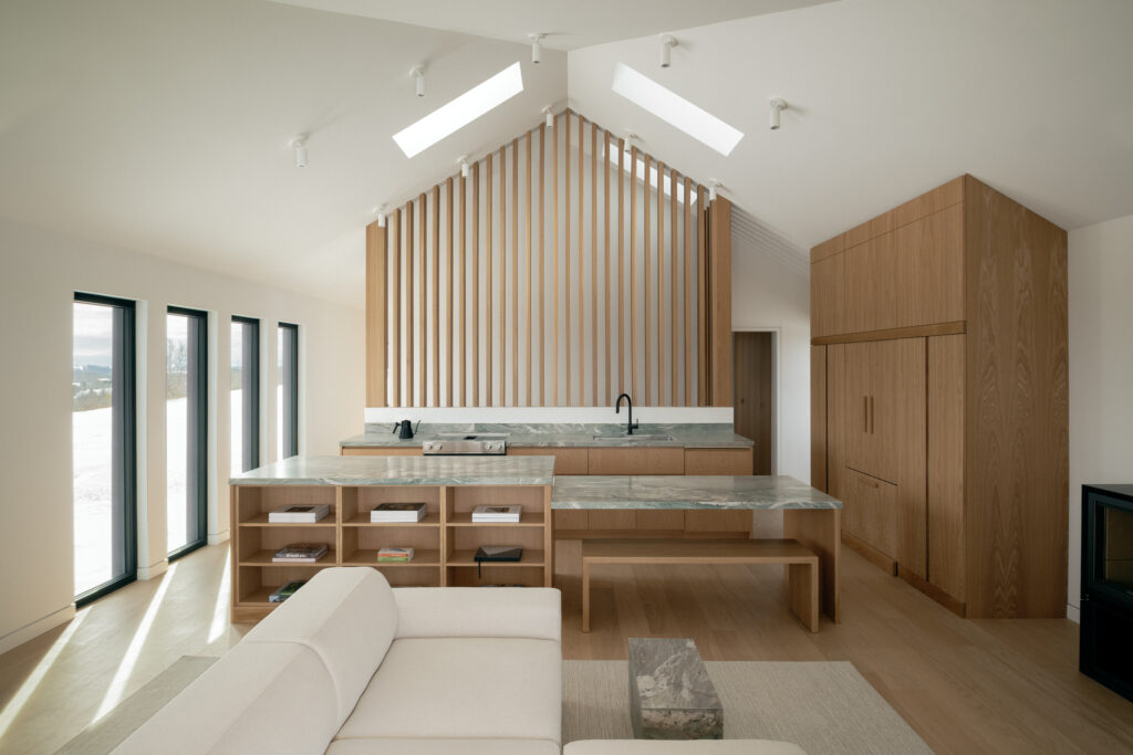 Minimalist living room with a contemporary fireplace